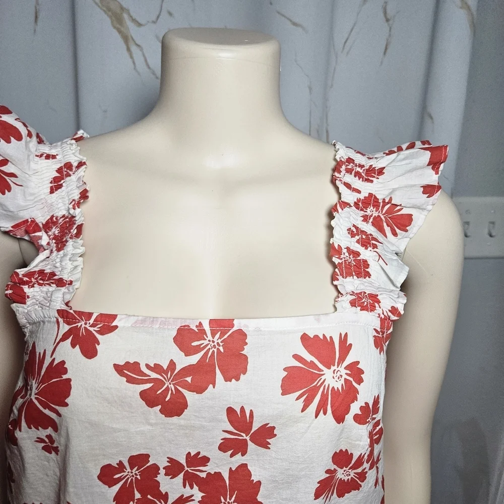 Floral Ruffle Sleeve Top - Red and White